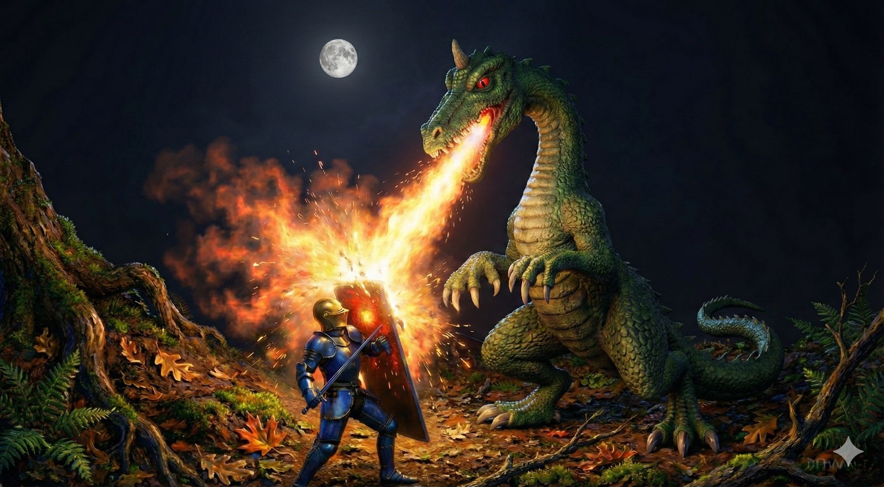 A knight facing a fire-breathing green dragon under a full moon