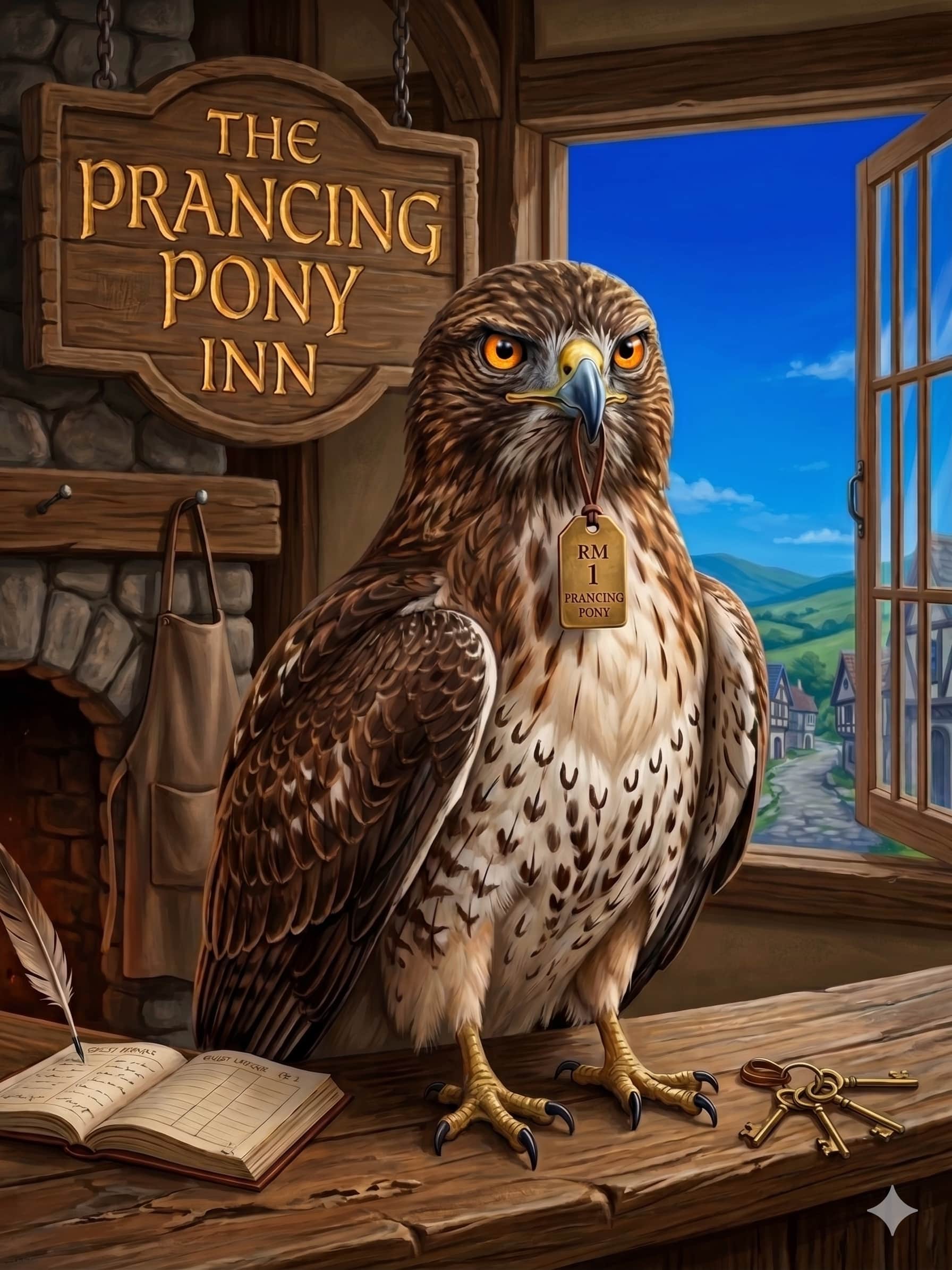 A hawk as innkeeper of The Prancing Pony, illustration