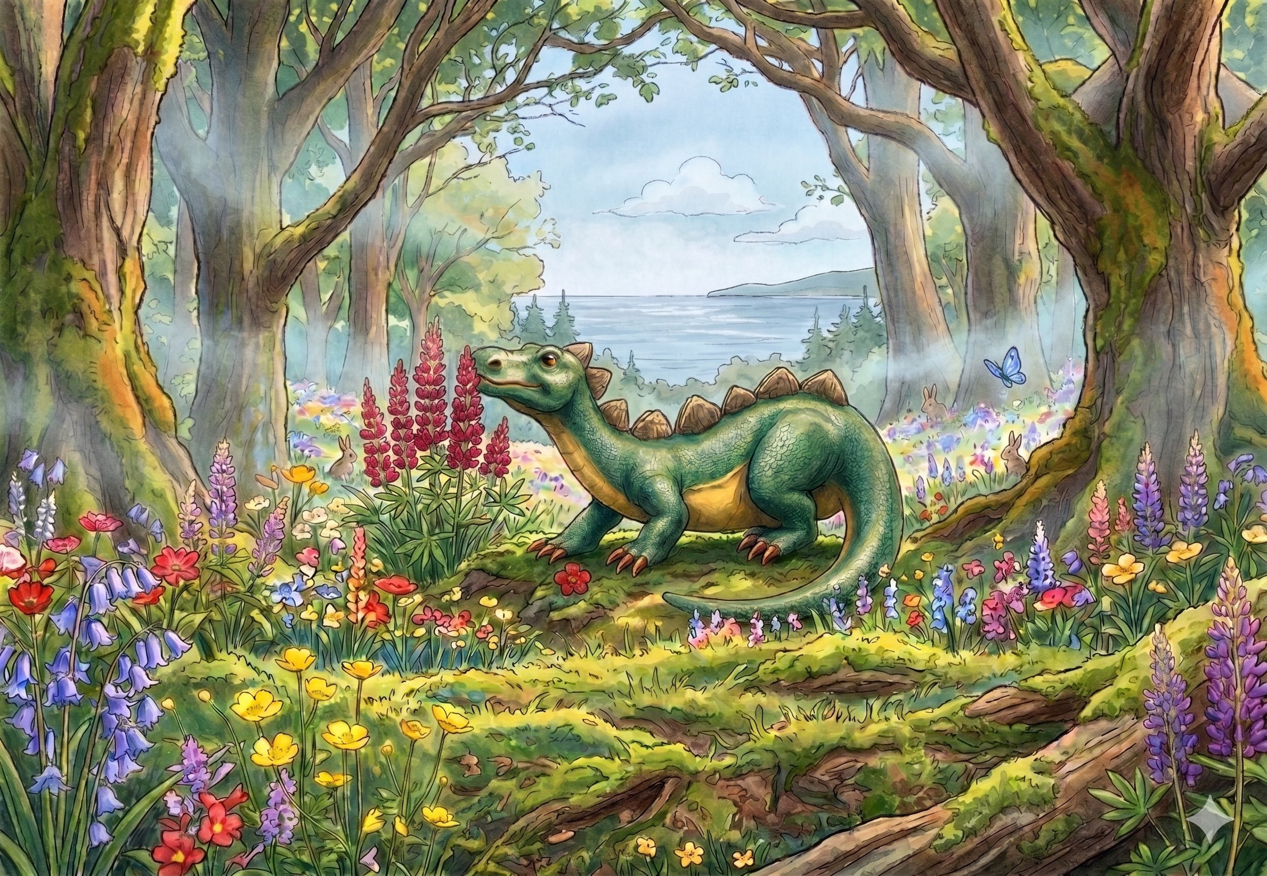 Puff the Magic Dragon in a flower meadow